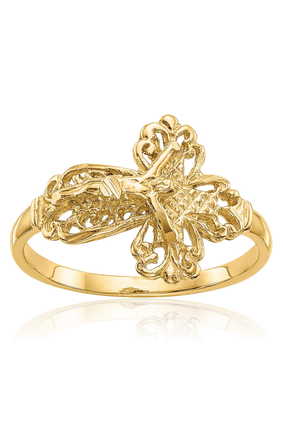 14K Solid Yellow Gold Filigree Jesus Crucifix Cross Statement Fashion Ring - 2mm Slim Band - Diamond Cut Women's