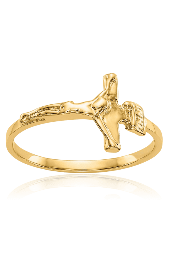 14K Solid Yellow Gold Lord Jesus Christ Crucifix Holy Cross Ring Christian Religious Band