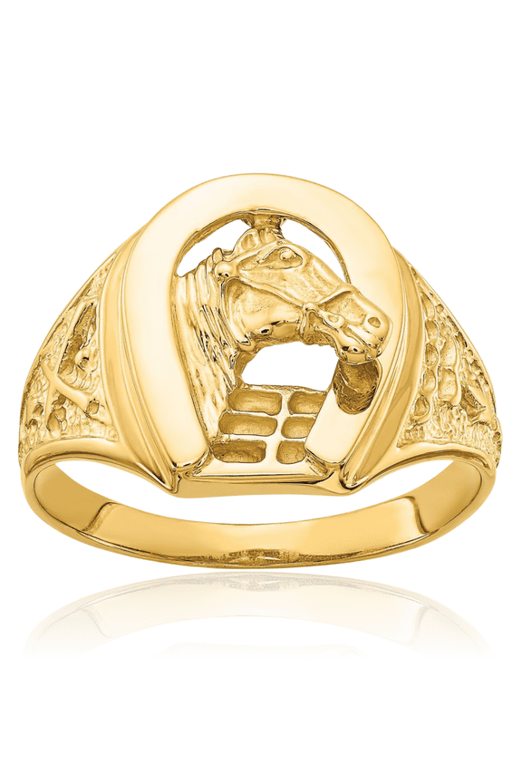 14K Solid Yellow Gold Lucky Horseshoe Horse Head Ring Animal Lover Equestrian Band