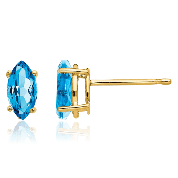 14K Solid Yellow Gold Marquise Swiss Blue Topaz Studs Gemstone Earrings December Birthstone Jewelry