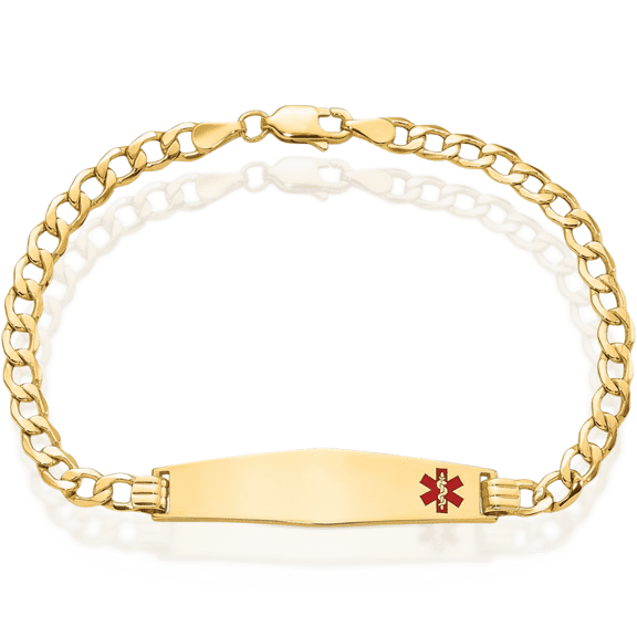 14K Solid Yellow Gold Medical Alert Curb Link Name Bar Identification ID Bracelet