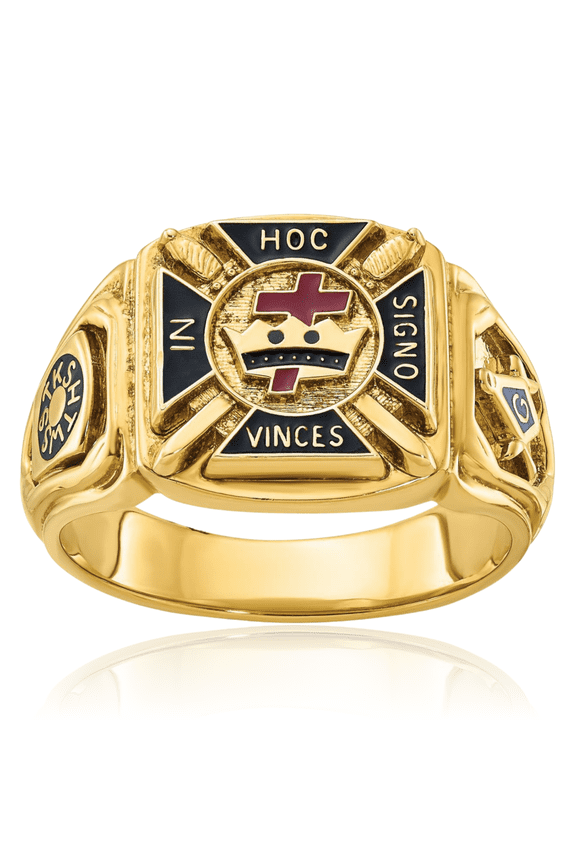 14K Solid Yellow Gold Mens Multi-color Knights Templar Master Mason Signet Freemason Masonic Ring