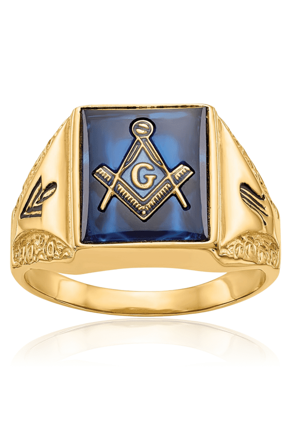 14K Solid Yellow Gold Mens Vintage Blue Spinel Master Mason Signet Freemason Masonic Ring