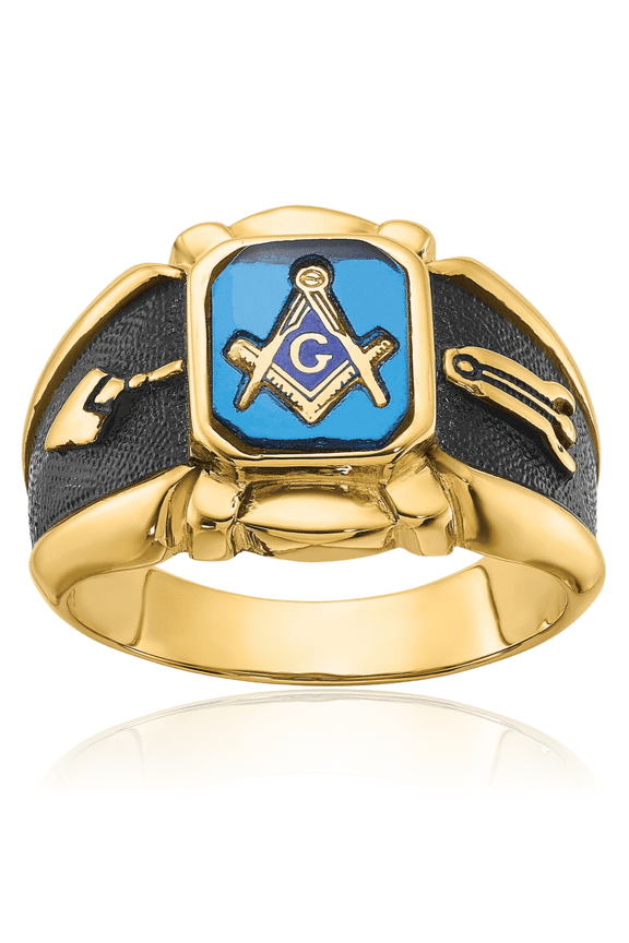 14K Solid Yellow Gold Mens Vintage Blue Spinel Master Mason Signet Freemason Masonic Ring