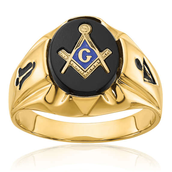 14K Solid Yellow Gold Mens Vintage Oval Black Onyx Master Mason Signet Freemason Masonic Ring