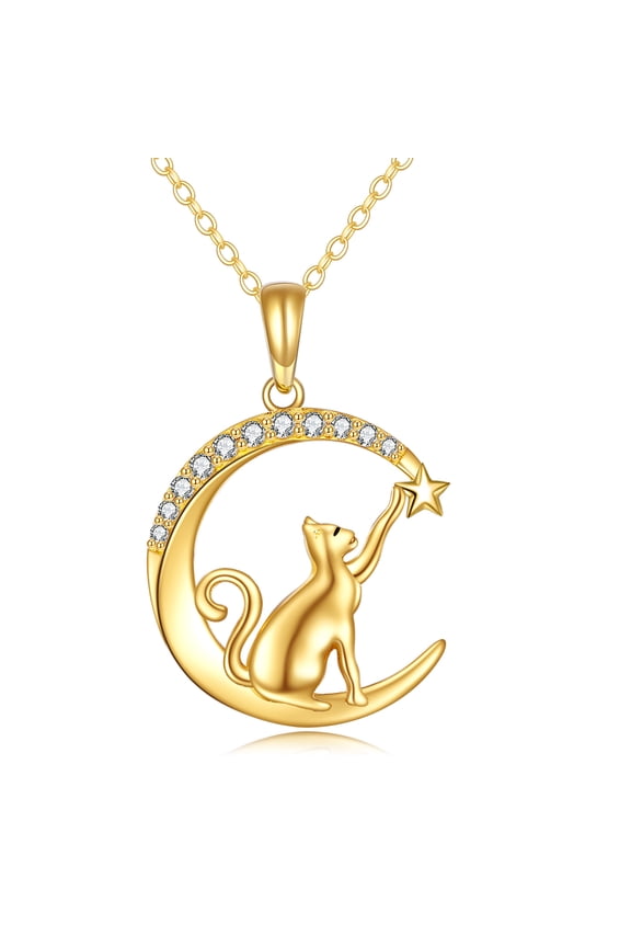 14K Solid Yellow Gold Moon Cat Necklace for Women 14k Gold Cat Jewelry Gifts for Her