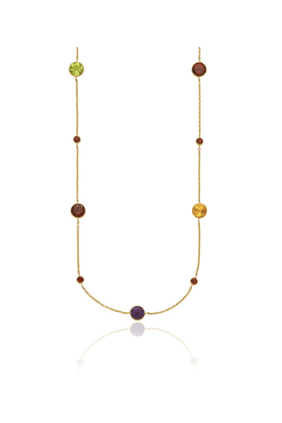 14K Solid Yellow Gold Multi-color Rainbow Gemstone Necklace Chain