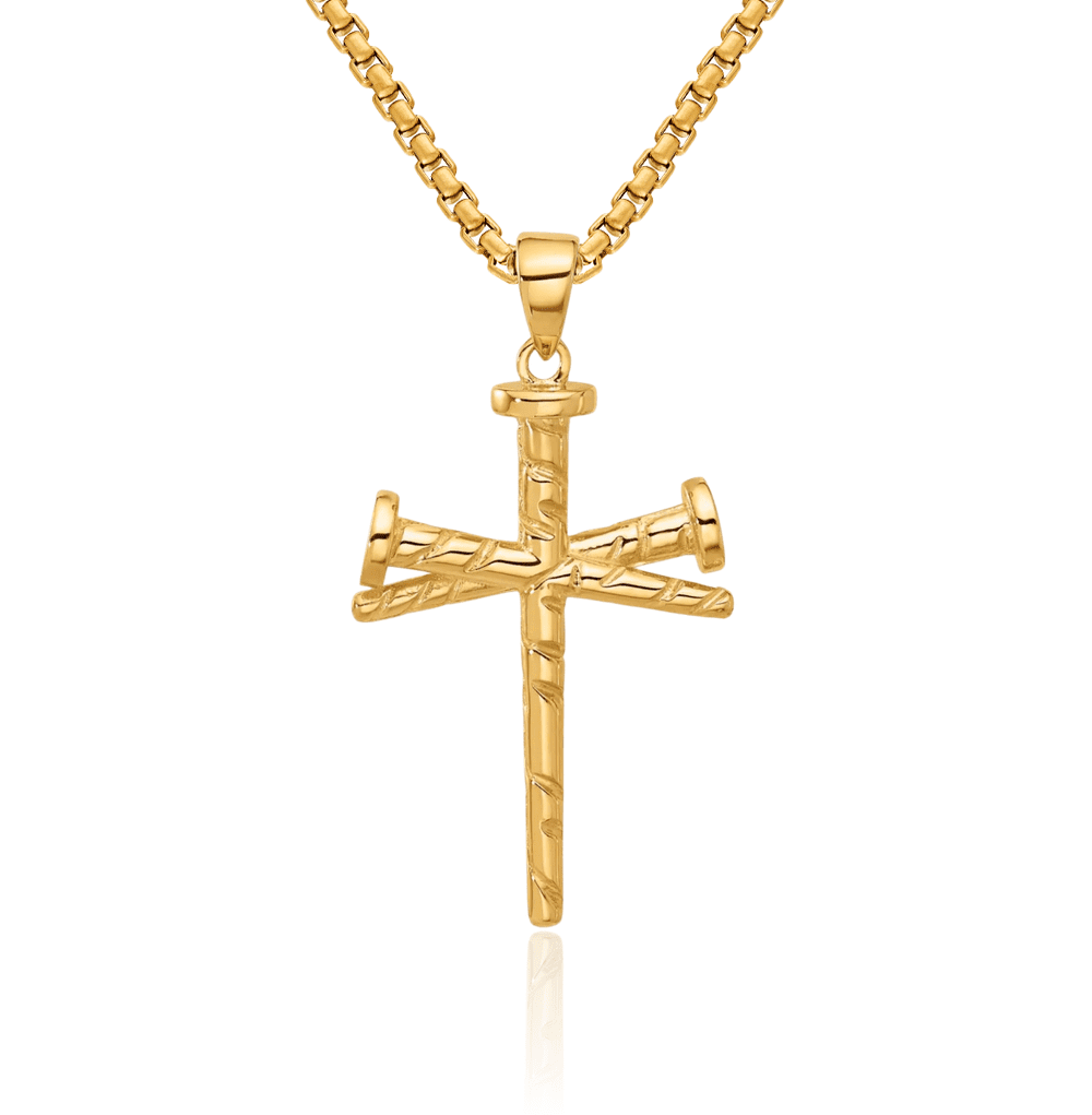 14K Solid Yellow Gold Nails Holy Cross Necklace Religious Chain Pendant Jesus Christ Charm