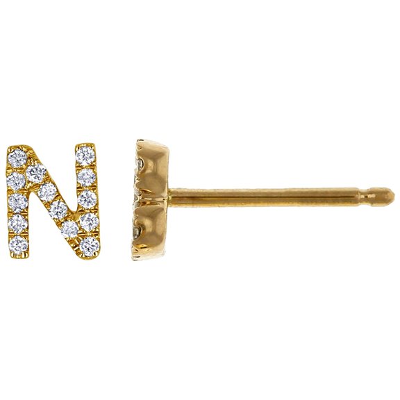 14K Solid Yellow Gold Natural Diamond Initial 'N' Letter Mix & Match SINGLE Stud Earring (Half Pair)
