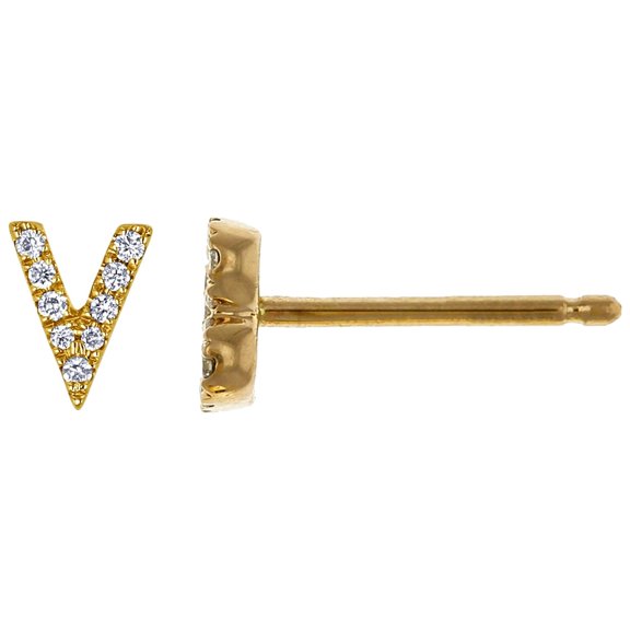 14K Solid Yellow Gold Natural Diamond Initial 'V' Letter Mix & Match SINGLE Stud Earring (Half Pair)