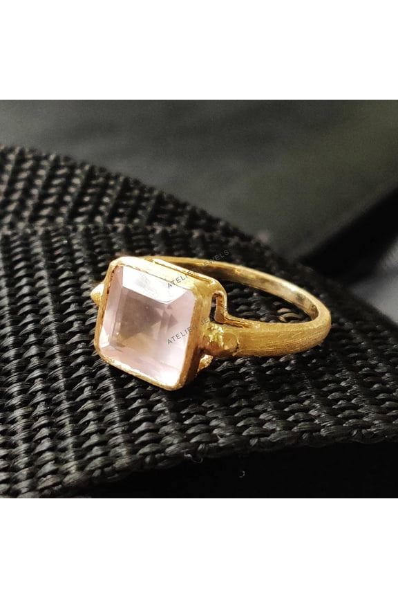 14K Solid Yellow Gold Natural Rose Quartz Ring - January Birthstone