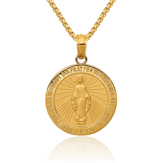 14K Solid Yellow Gold Our Lady of Miraculous Medal Blessed Virgin Mary Necklace Chain Pendant Charm with chain 16inch