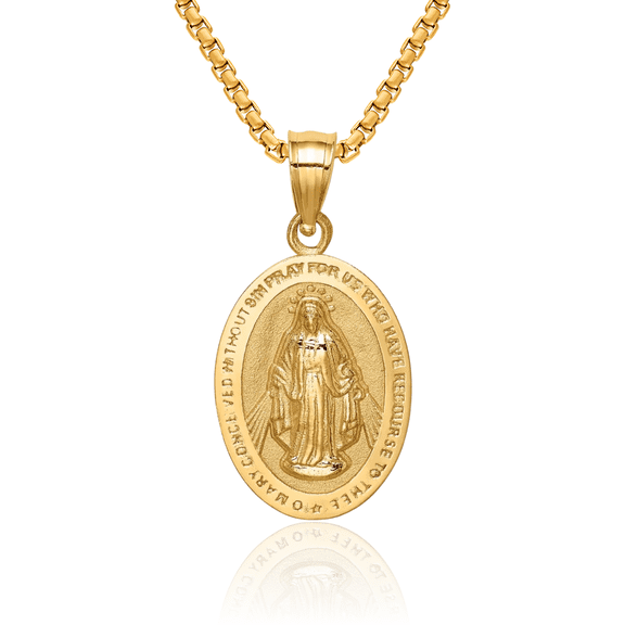 14K Solid Yellow Gold Our Lady of Miraculous Medal Blessed Virgin Mary Necklace Chain Pendant Charm