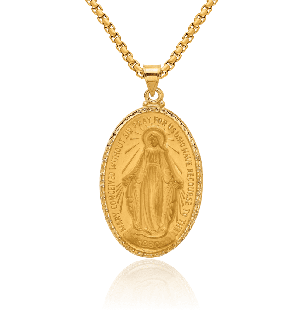14K Solid Yellow Gold Our Lady of Miraculous Medal Blessed Virgin Mary ...