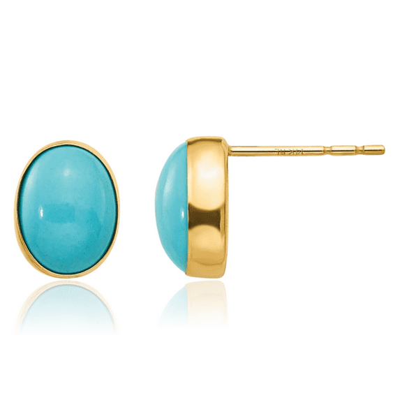 14K Solid Yellow Gold Oval Blue Turquoise Stud Earrings