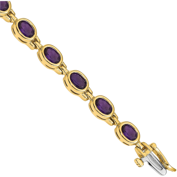 14K Solid Yellow Gold Oval Gemstone Purple Amethyst Tennis Bracelet