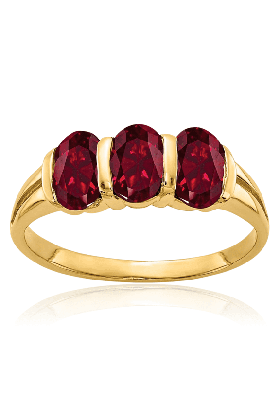 14K Solid Yellow Gold Oval Lab Red Ruby 3-stone Ring July Birthstone Jewelry