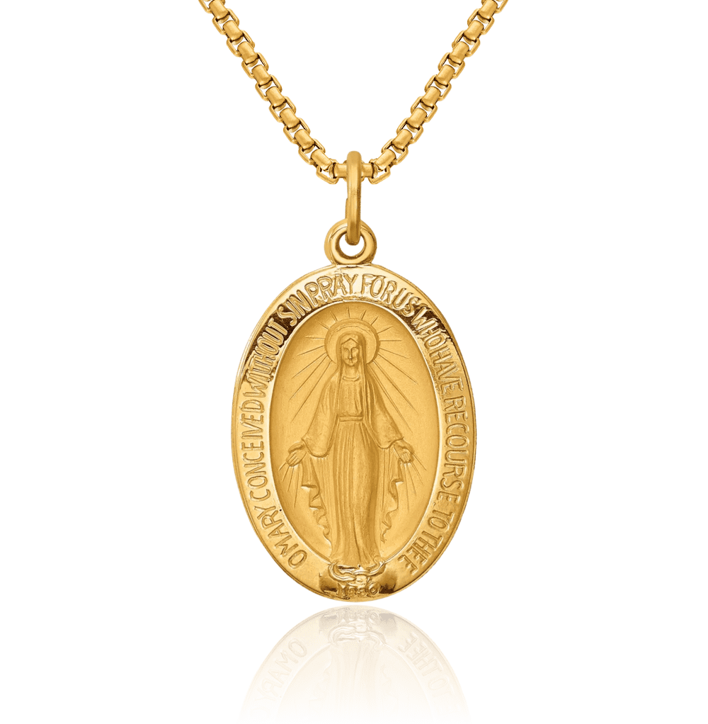 14K Solid Yellow Gold Oval Our Lady of Miraculous Medal Blessed Virgin ...