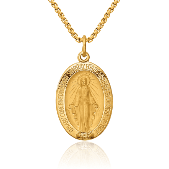 14K Solid Yellow Gold Oval Our Lady of Miraculous Medal Blessed Virgin Mary Necklace Chain Pendant Charm with chain 22inch