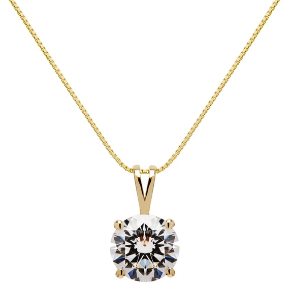 14K Solid Yellow Gold Pendant Necklace | Round Cut Cubic Zirconia Solitaire | 2.0 Carat | 16 Inch .60mm Box Link Chain | Everyday Elegance