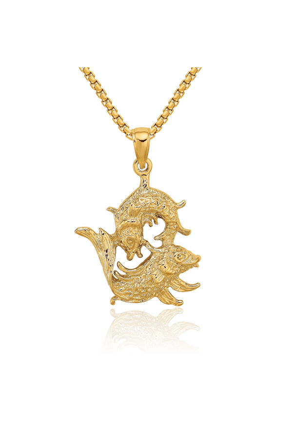 14K Solid Yellow Gold Pisces Zodiac Necklace Fish Horoscope Pendant February March Birthday Charm Astrology Jewelry