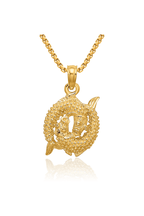 14K Solid Yellow Gold Pisces Zodiac Necklace Fish Horoscope Pendant February March Birthday Charm Astrology Jewelry