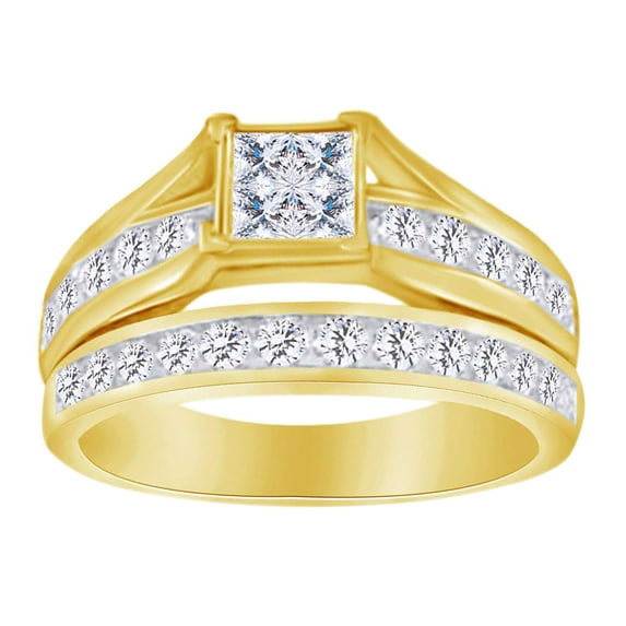 AFFY 14K Solid Yellow Gold Princess & Round Cut (1 Cttw) White Natural Diamond Engagement Bridal Ring Set,Ring Size-5.5