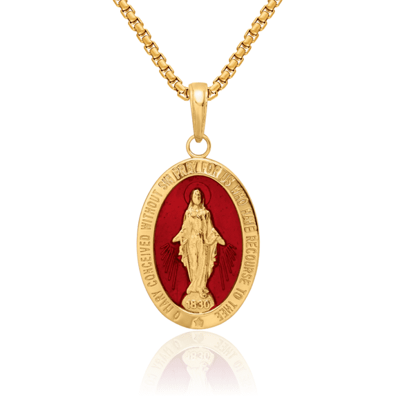 14K Solid Yellow Gold Red Our Lady of Miraculous Medal Blessed Virgin ...