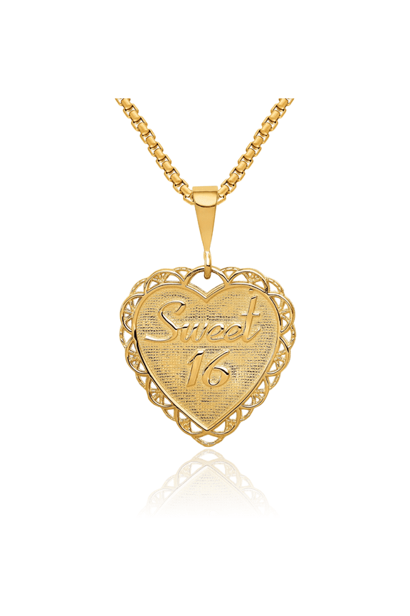 14K Solid Yellow Gold Reversible Sweet 16 Years Old Birthday Necklace Chain Pendant Charm