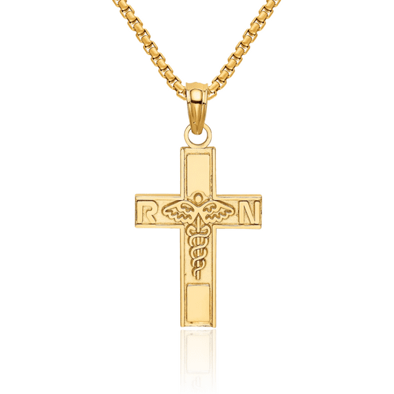 14K Solid Yellow Gold Rn Nurse Caduceus Paramedic Emt Doctor Medical Student Nursing Symbol Latin Mexican Holy Cross Necklace Religious Chain Pendant Jesus Christ Charm