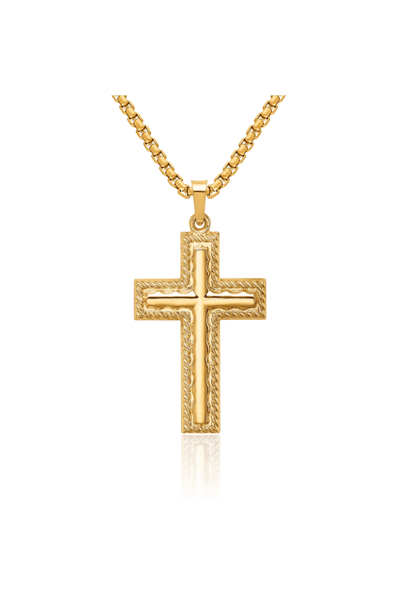 14K Solid Yellow Gold Rope Edge Latin Mexican Holy Cross Necklace Religious Chain Pendant Jesus Christ Christian Charm