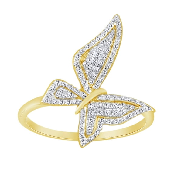 AFFY 14K Solid Yellow Gold Round Cut (0.2 Cttw) White Diamond Butterfly Engagement Ring,Ring Size-7