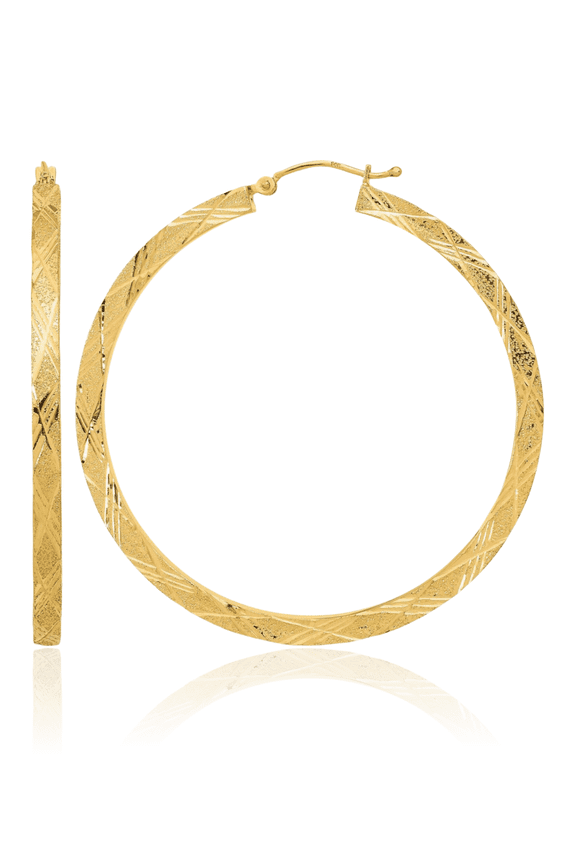 14K Solid Yellow Gold Extra Large Round Hoop Earrings - 52.38mm 2.1 inch - Snap Back, Diamond Cut, Matte Women's