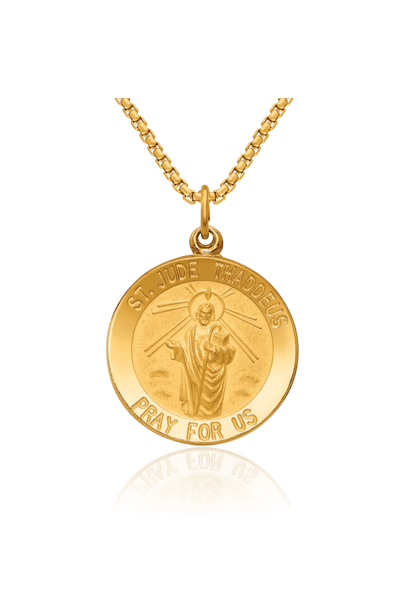 14K Solid Yellow Gold Round San Judas Tadeo St Jude Patron Saint Thaddeus Medal Necklace Chain Pendant Charm