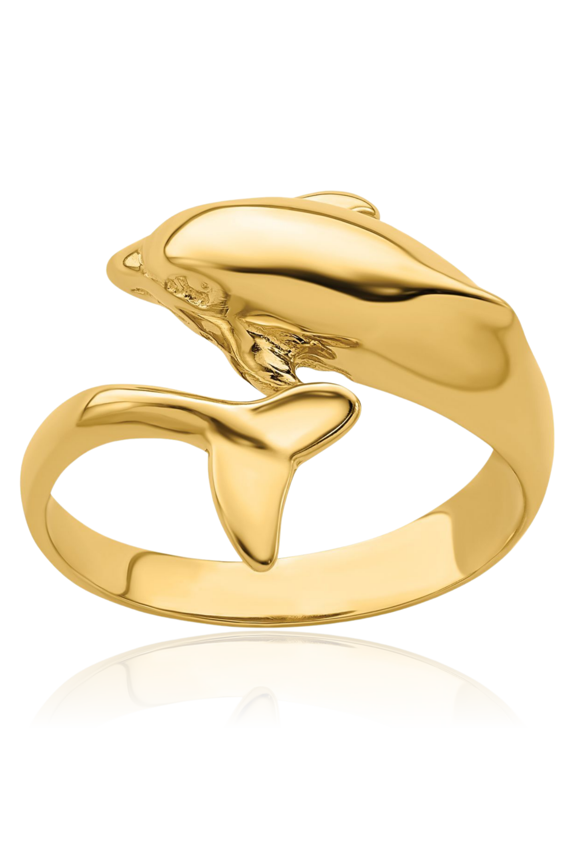 14K Solid Yellow Gold Sea Dolphin Ocean Fish Beach Nautical Ring