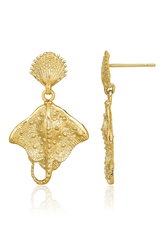 14K Solid Yellow Gold Medium Shell Dangle Stingray Eagle Manta Ray Earrings - 25.3mm 1 inch - Butterfly Back Women's