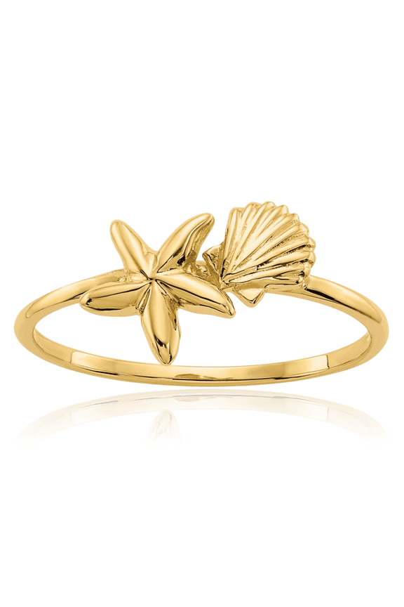 14K Solid Yellow Gold Shell Starfish Ring