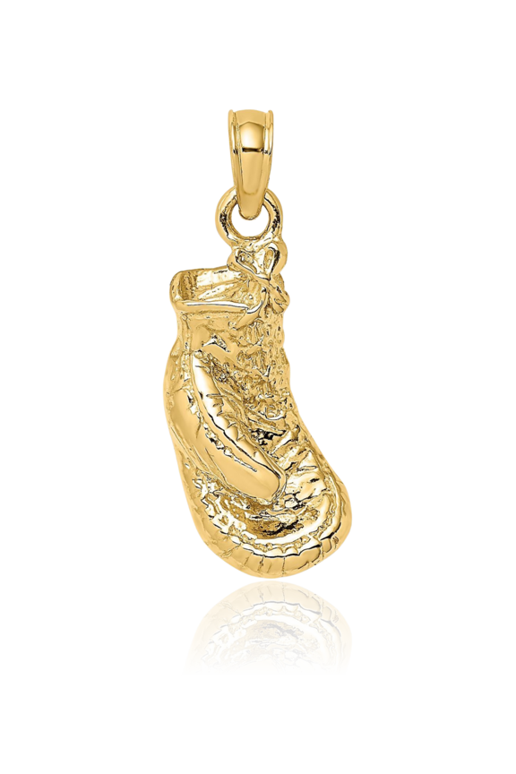14K Solid Yellow Gold Medium Boxing Glove Pendant Necklace - 19.3mm 3/4 inch - Polished, Textured Men's