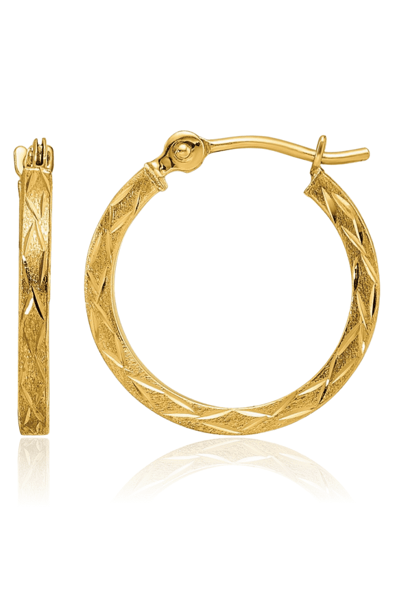 14K Solid Yellow Gold Medium Hoop Earrings - 15.28mm 5/8 inch - Snap Back, Diamond Cut, Matte Women's