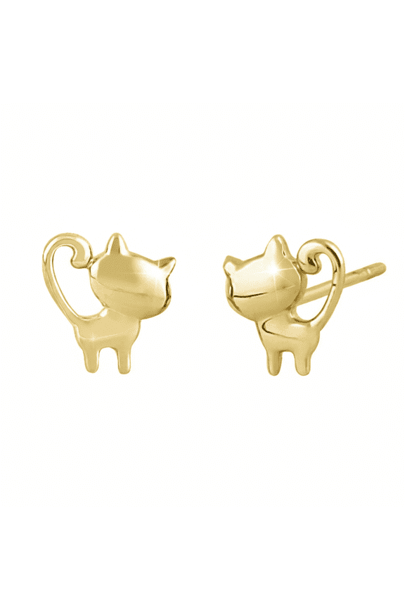 14K Solid Gold Small Polished Ladies Kitty Cat Stud Earrings 2nd Piercing Studs for Women - 0.23in