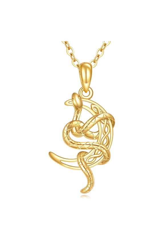 14K Solid Yellow Gold Snake Pendant Necklace Charm Celtic Moon Jewelry Gift Mother Day Valentine Christmas