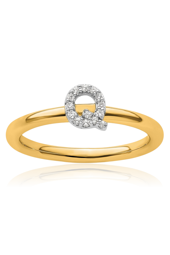 14K Solid Yellow Gold 0.07 carat Diamond Letter Q Initial Stackable Ring - Round Cut, Natural, Prong Set Women's