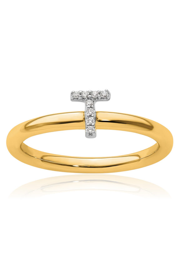 14K Solid Yellow Gold Diamond Accent Letter T Initial Stackable Ring - Prong Set, Polished Women's