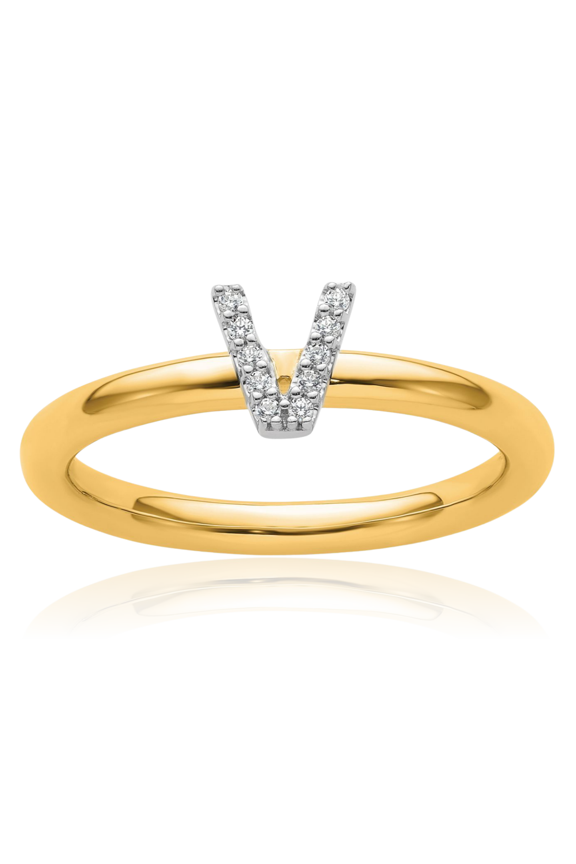 14K Solid Yellow Gold 0.05 carat Diamond Letter V Initial Stackable Ring - Round Cut, Natural, Prong Set - Matte Women's