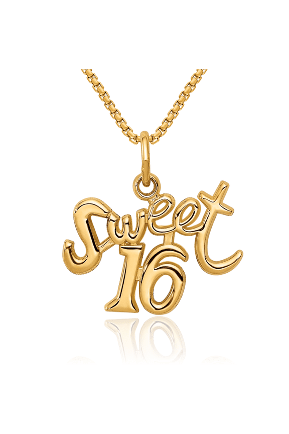 14K Solid Yellow Gold Sweet 16 Years Old Birthday Necklace Chain Pendant Charm