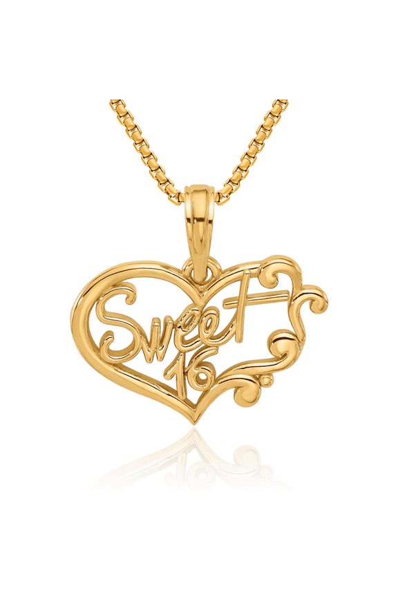 14K Solid Yellow Gold Sweet 16 Years Old Birthday Necklace Chain Pendant Charm