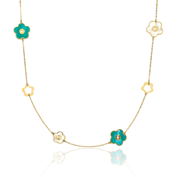 14K Solid Yellow Gold Teal/white Mother of Pearl Reversible Flower Necklace Chain