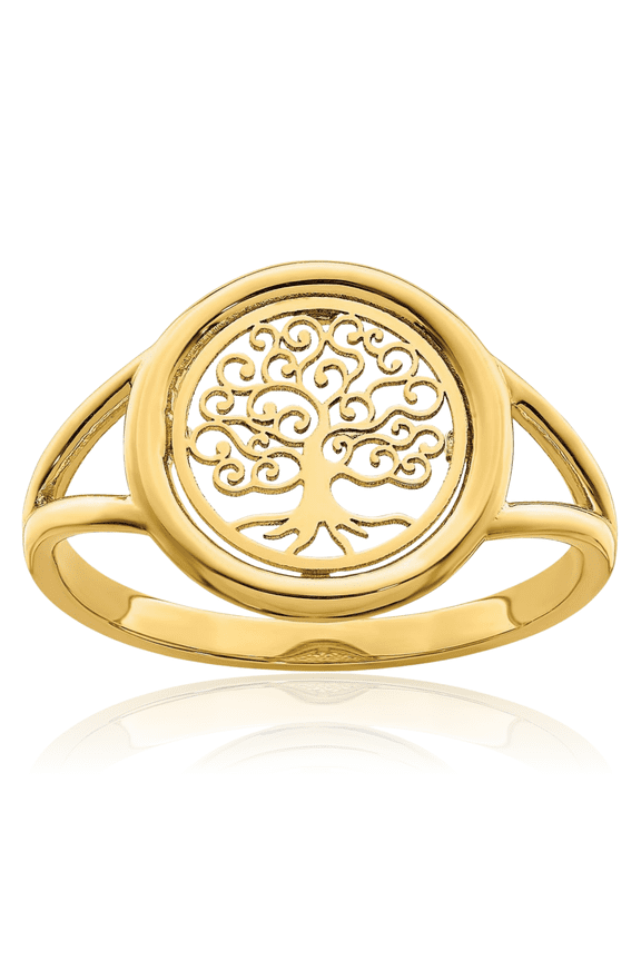 14K Solid Yellow Gold Tree of Life Circle Round Flower Ring