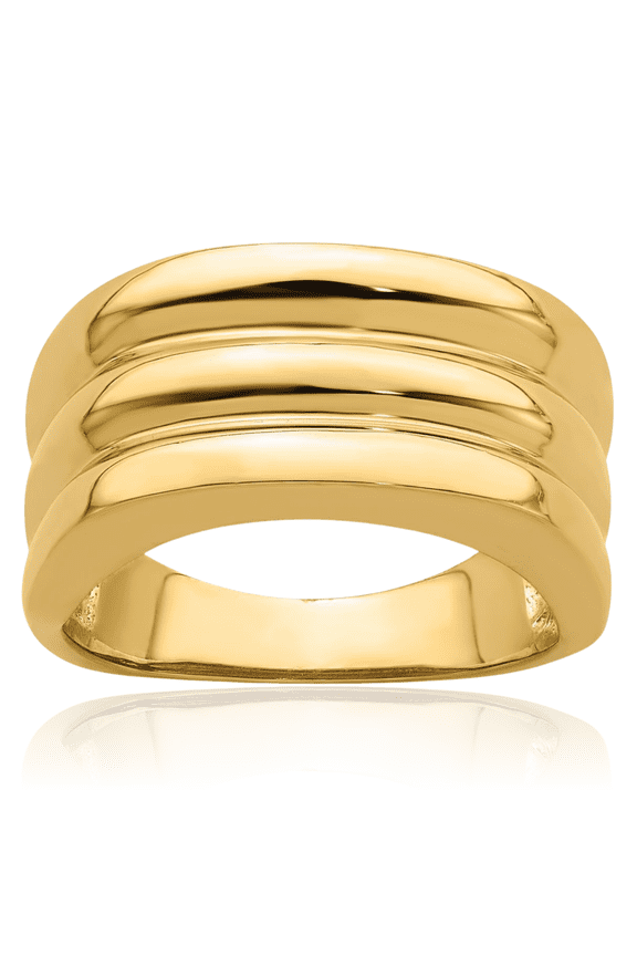 14K Solid Yellow Gold Triple Ridge Chunky Dome Statement Ring