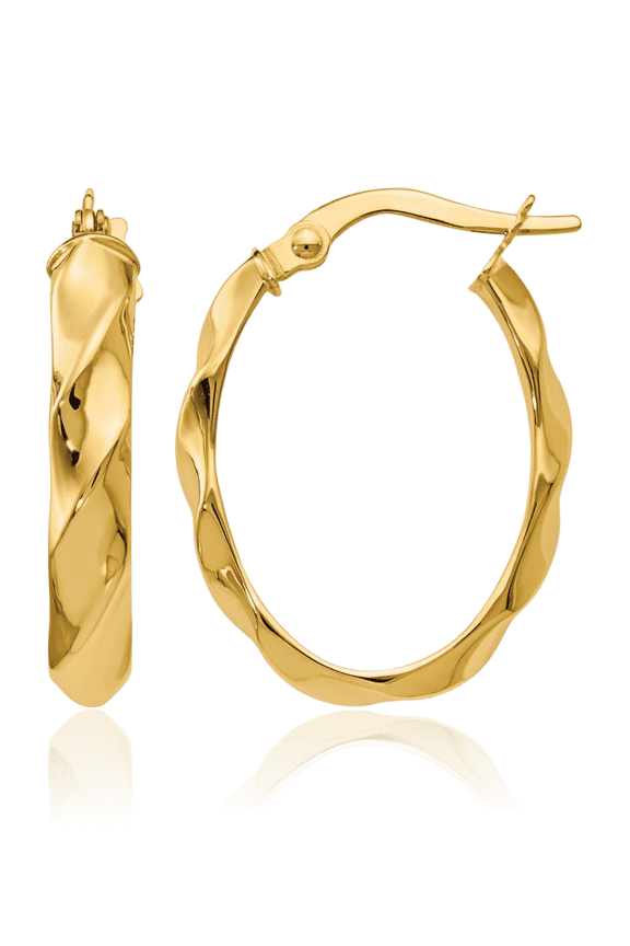 14K Yellow Gold Medium Twisted Oval Hoop Earrings - 22mm 7/8 inch - Lightweight, Snap Back Women's